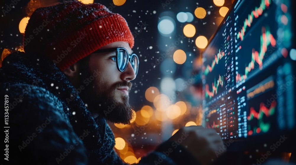 Poster Focused stock trader analyzing graphs on multiple screens during snowfall at night