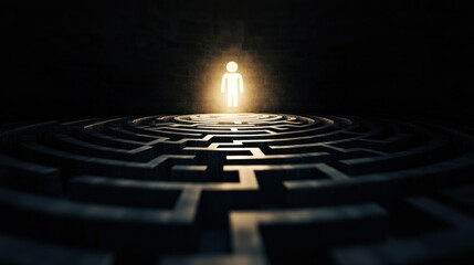 A glowing figure radiates light in the center of a challenging maze, creating a stark contrast against the surrounding darkness. The intricate pathways form a captivating pattern