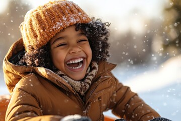 Child enjoying winter snow activities with laughter and joy in a snowy landscape during daylight