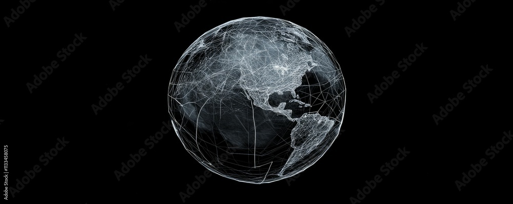 Poster a low poly wireframe globe rotating in space, thin lines connecting continents, representing digital