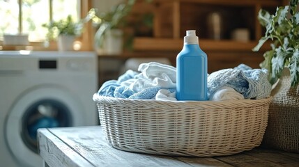Bright laundry room features a blue laundry detergent bottle placed on a woven basket filled with freshly washed clothes. Sunlight shines through a window, highlighting the cozy atmosphere