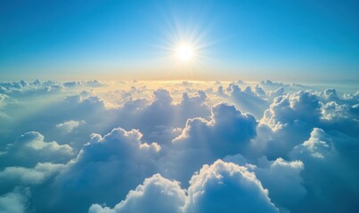 Fototapeta premium Bright sun shining over fluffy clouds in a vibrant blue sky