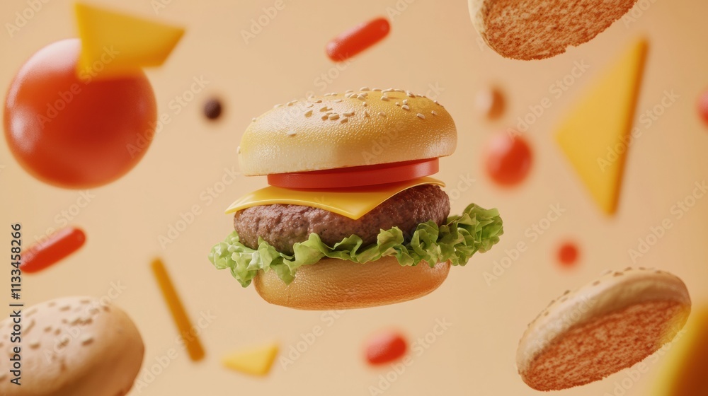Aufkleber a fun display features a burger mid-air with colorful ingredients like lettuce, tomato, and cheese, 