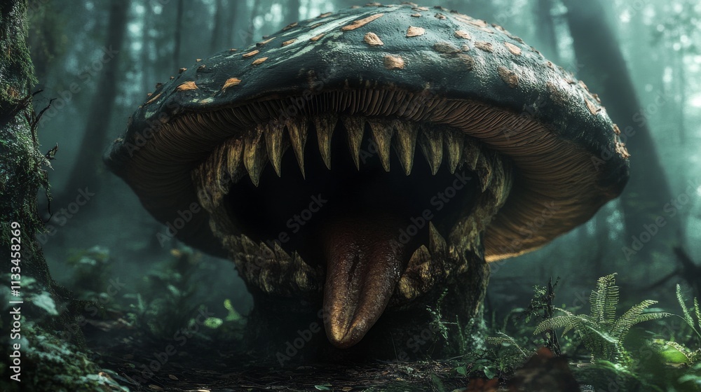 Poster a surreal and eerie image of a giant mushroom resembling a predatory creature with sharp teeth, nest