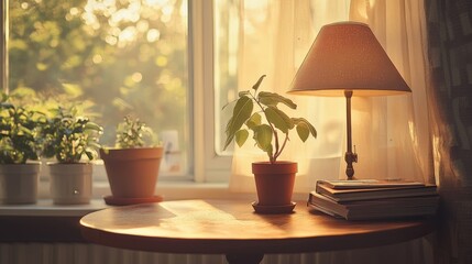Cozy Living Room Setup with a Lamp and Plants by a Bright Window