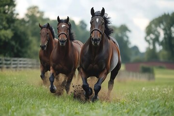 Powerful horses running fast and kicking up dust in green field