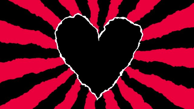 hand drawn heart shape with black fill and color changing broder. Aniamted spinning red rays in background for retro look. Romantic symbol