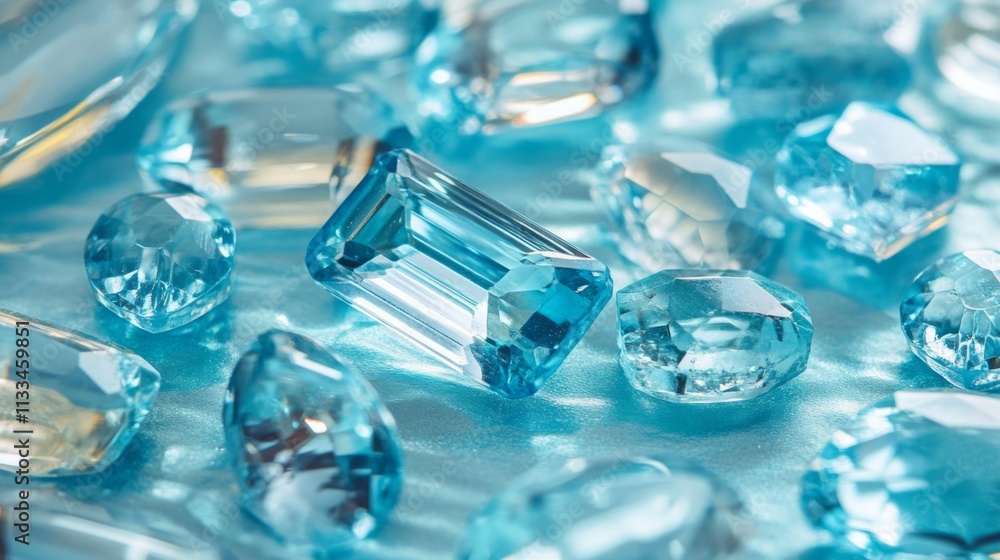 Leinwandbilder a collection of various blue gemstones glistens on a soft blue backdrop. the sparkling gems reflect 