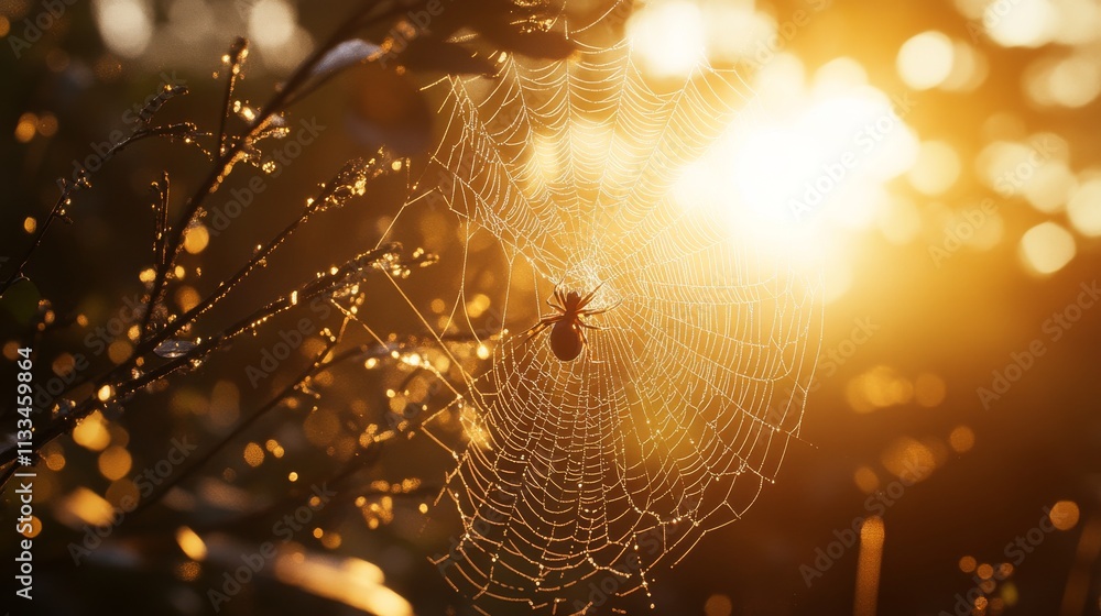 Poster a spider sits in the center of a shimmering web bathed in warm golden hour light. the glowing backgr