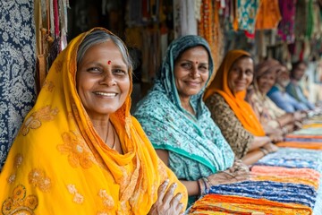 Fototapeta premium Indian textile merchants smiling at their work in a traditional market