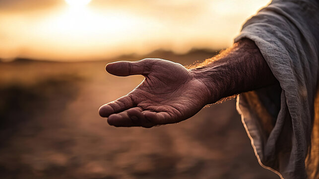 Jesus hand reaching directly toward the viewer, as if extending an invitation.