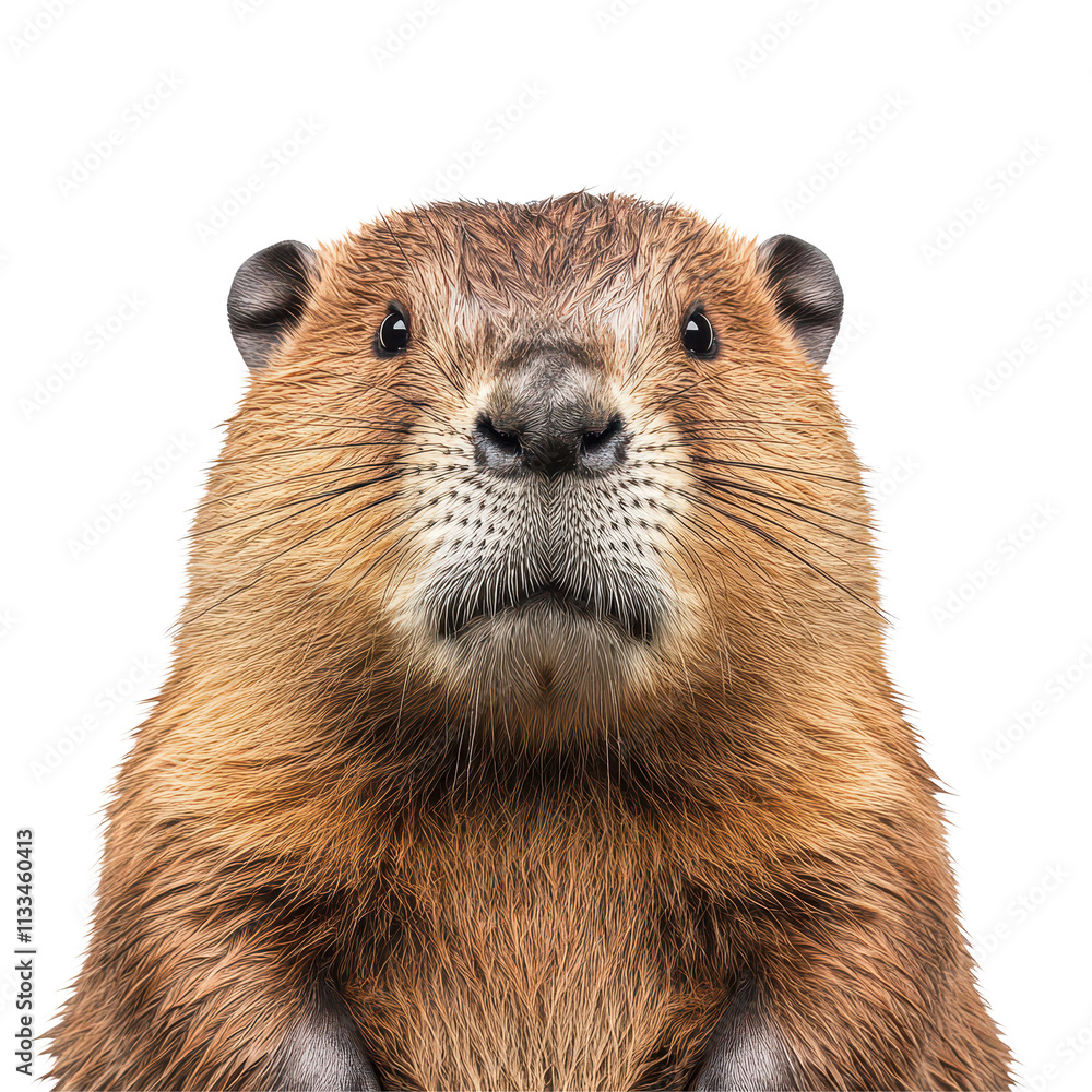 Poster close-up shot of a beaver's face isolated on a transparent background capturing its unique features 