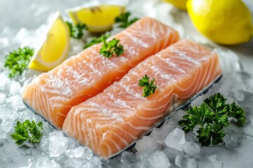 Fresh salmon fillets resting on ice with lemon and parsley