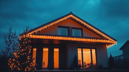 Fototapeta premium The exterior of the modern house is illuminated with warm white LED Christmas lights at night, showcasing clean lines and a minimalist design. 