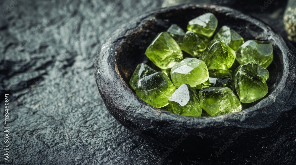 Aufkleber bright green gemstones are carefully placed in a deep bowl resting on a rough, dark stone surface. t