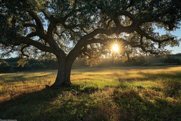 Majestic oak tree silhouetted against a vibrant sunset, casting long shadows on a golden field.