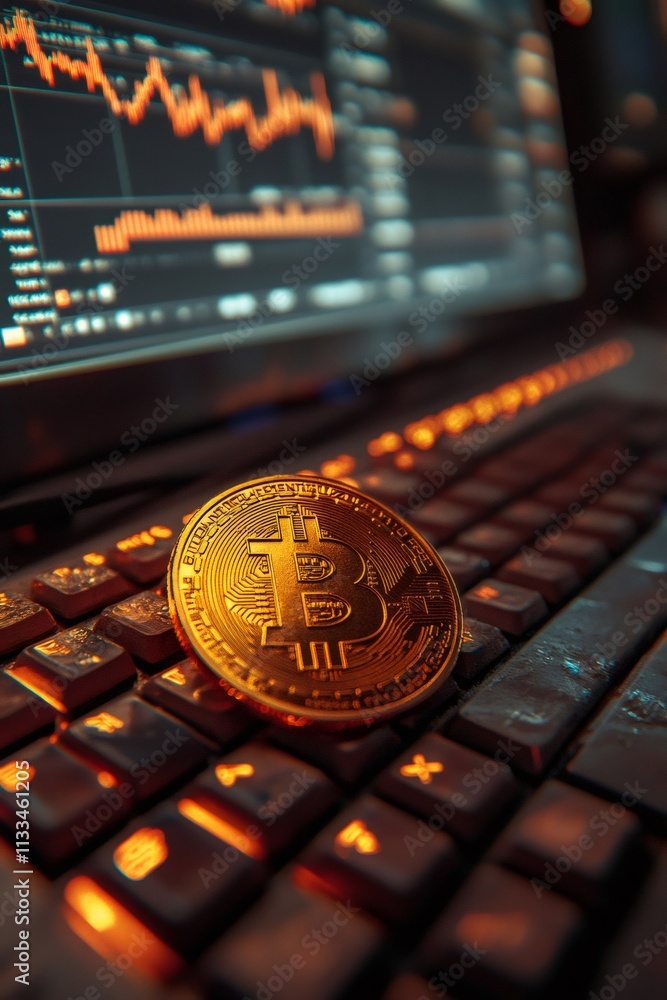 Poster Bitcoin lying on keyboard showing price chart on monitor in background