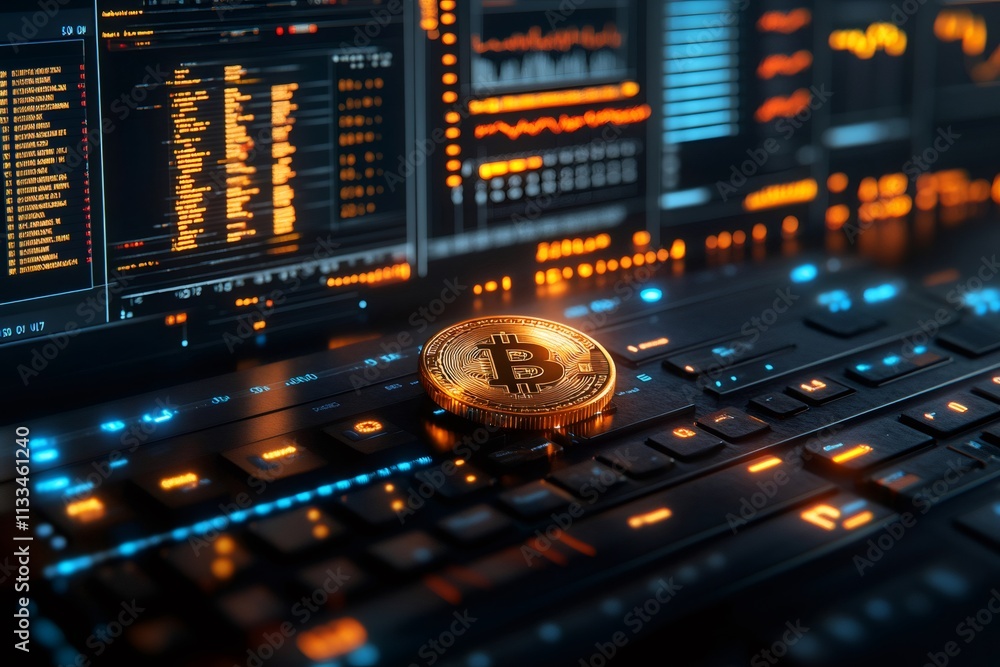 Aufkleber Bitcoin resting on keyboard with stock market data displayed on monitor