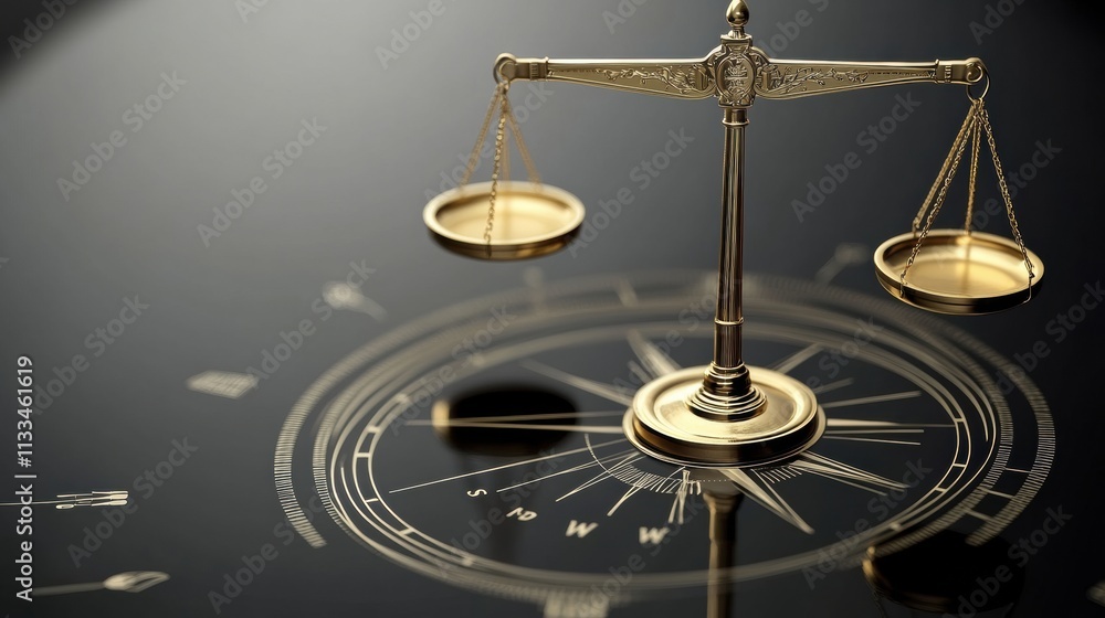 Poster a compass displaying directions alongside a scale symbolizes the pursuit of justice and transparency
