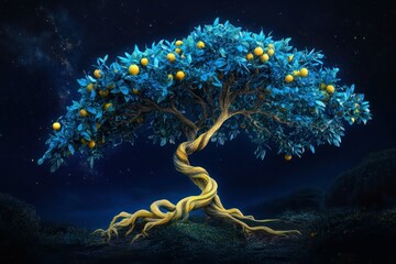 Fantasy tree with twisting lemon roots and blue-tinted leaves, set against a deep navy sky for a magical atmosphere.