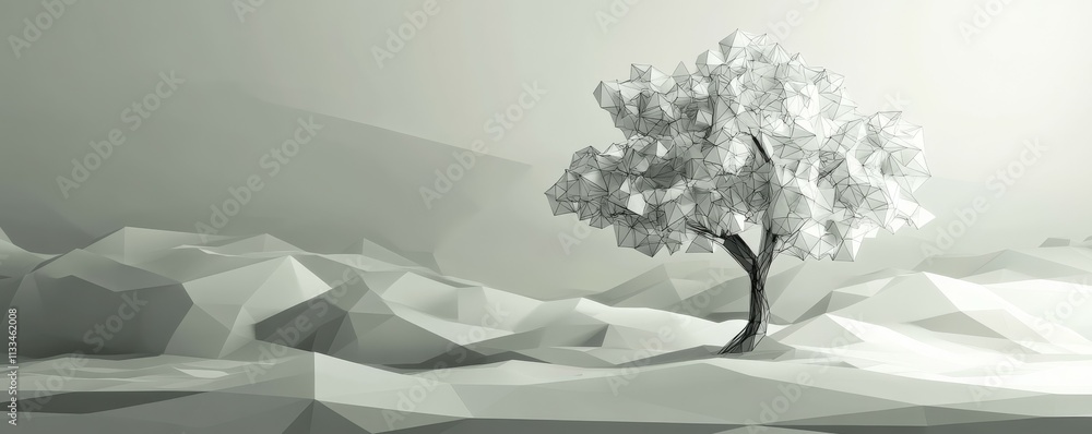Poster abstract low poly wireframe of a tree with sharp geometric branches, minimal and modern nature desig