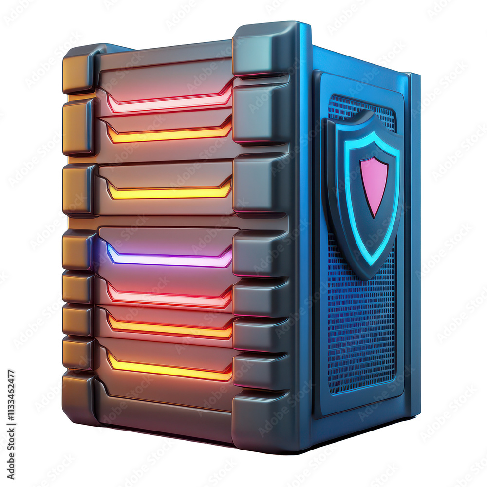 Poster cartoon-style secure data servers featuring colorful shields for enhanced digital protection, 3d car