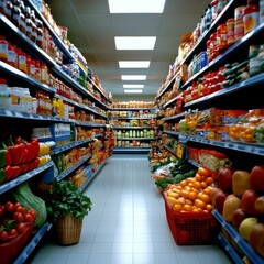 Supermercado moderno con frescos productos vegetales y lácteos en estantes, con iluminación enfocada en el centro