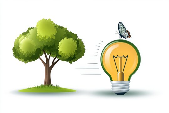 Icono minimalista de bombilla con un &aacute;rbol y una mariposa en un fondo blanco