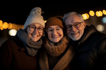 Fototapeta premium Friends enjoying a cozy winter evening together with lights in the background