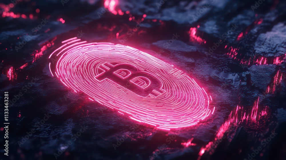 Poster A neon glowing fingerprint scan with a crypto wallet logo, symbolizing secure digital identities.