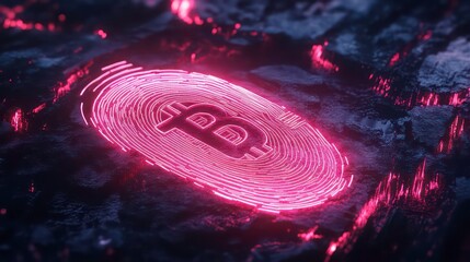 A neon glowing fingerprint scan with a crypto wallet logo, symbolizing secure digital identities.