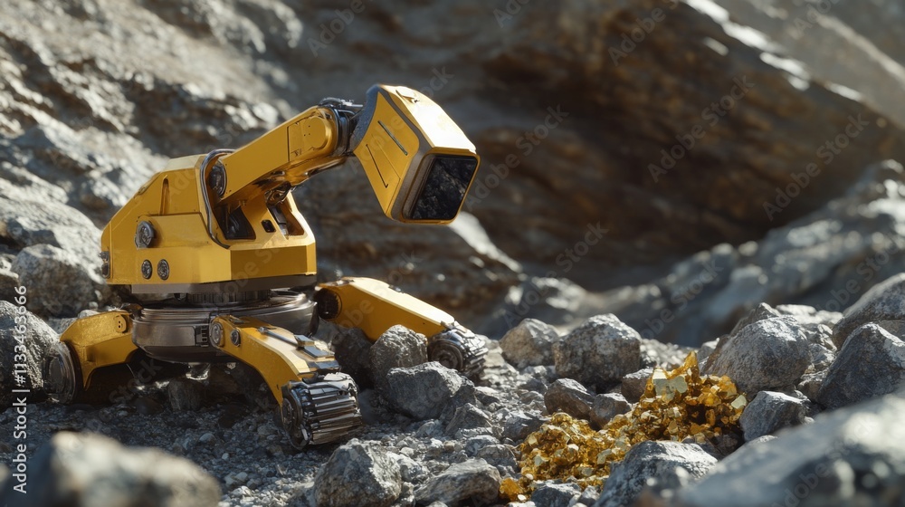 Fototapete An autonomous robot equipped with advanced technology is exploring a rocky terrain, examining a pile of gemstones.