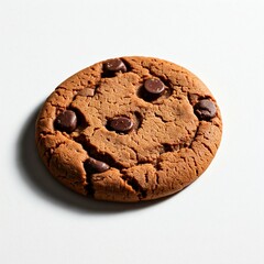 Top view of a singular biscuit chocolate cookie, isolated on white background, Freshly Baked Chocolate Chip Cookie on a Creamy White Background, Homemade Chocolate Chip Cookies 