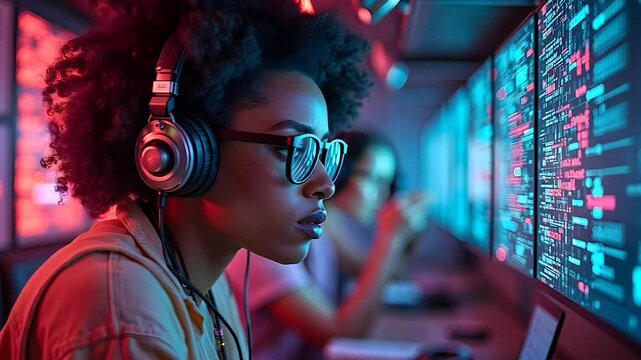 Focused Female Software Engineer with Headphones Monitoring Data on Large Screens