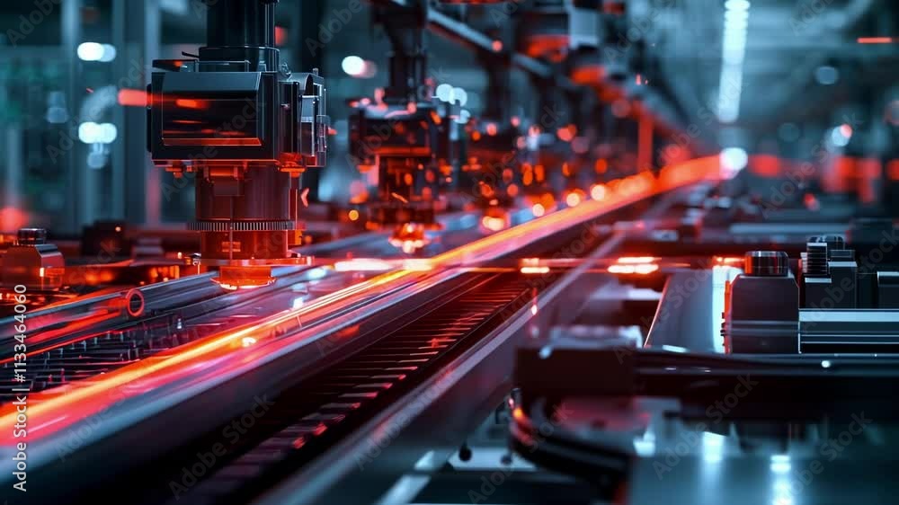 Poster robotic arm welds a product on a moving production line, creating sparks in a futuristic factory set