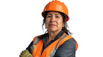 Mexican middle age female engineer with safety helmet on white background


