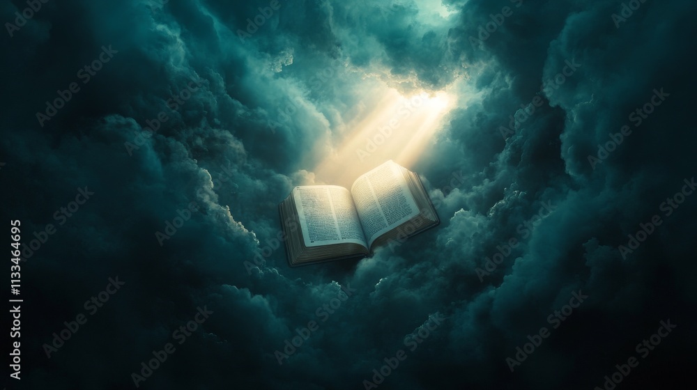 Poster a magical open book floats amidst dark clouds as rays of heavenly light shine through, creating a my