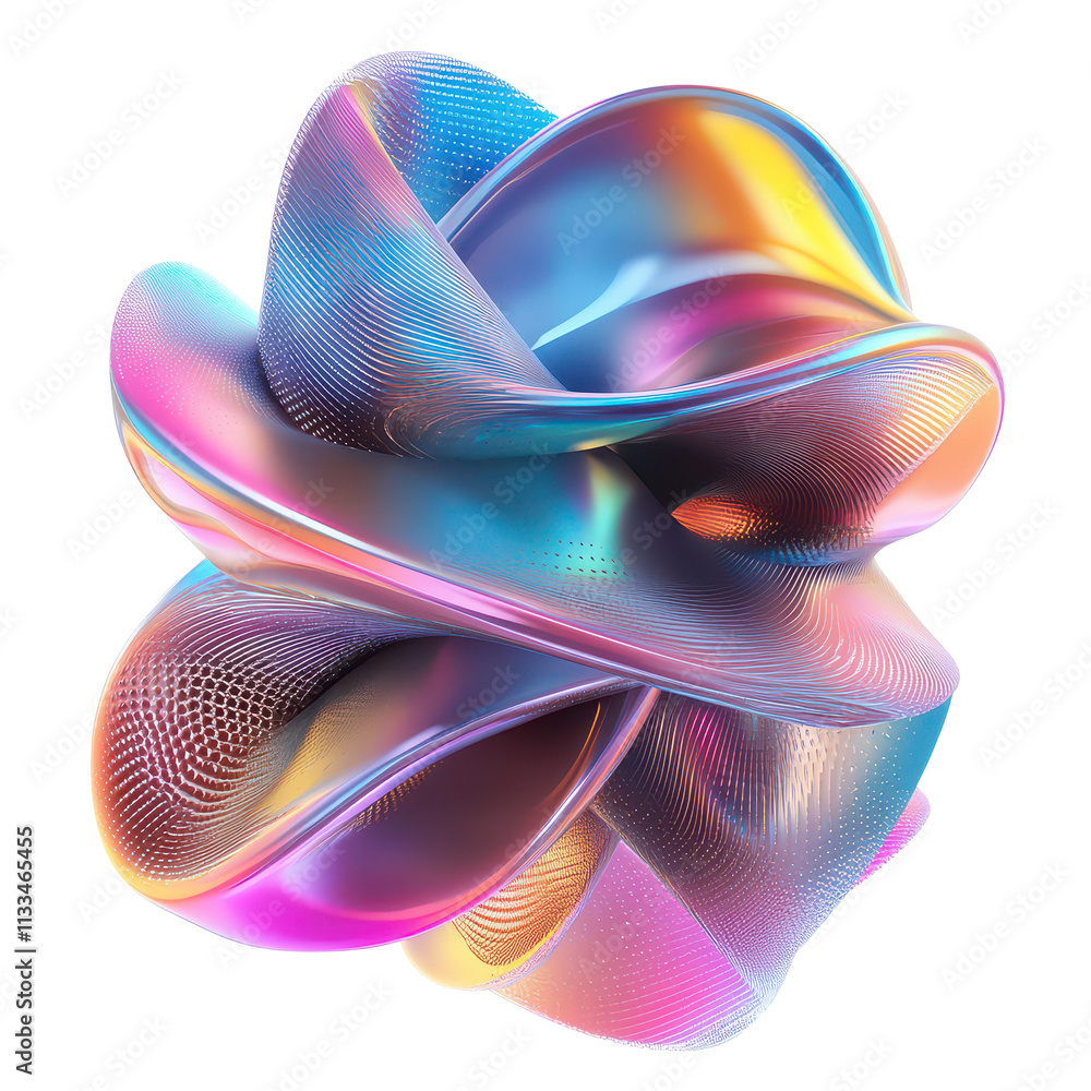 Poster Exploring abstract holographic shapes in vibrant colors set against a clean transparent background, Abstract Holographic 3D Shapes - On transparent background