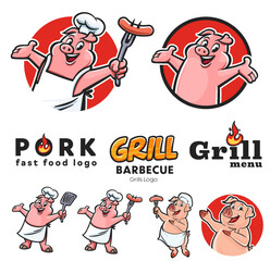Grilled and fast food pig mascot labels and logos set