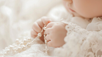 Baby Hand Gripping Rosary on Lace Baptismal Gown