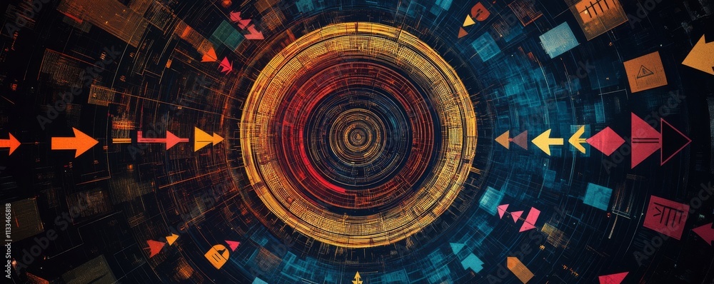 Poster an intricate circular pattern of multi-colored paper icons with arrows arranged in concentric circle
