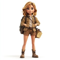 A cheerful cartoon girl explorer, ready for adventure, with backpack and map.