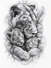 Lioness sleeping and cuddling with her two cubs surrounded by feathers