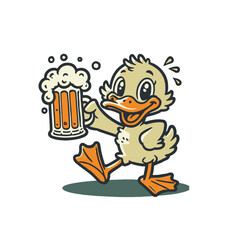 Adorable duckling holding a beer mug in a fun and whimsical cartoon style. High-quality isolated vector illustration ideal for playful party designs, bar branding, and humorous themes.