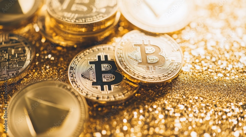 Fototapete Various cryptocurrency coins are arranged on a sparkling golden surface. Soft light enhances the gleam of the coins, highlighting details and textures, creating a luxurious atmosphere.
