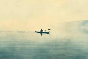 Naklejka premium Solitary figure rows boat on misty water.