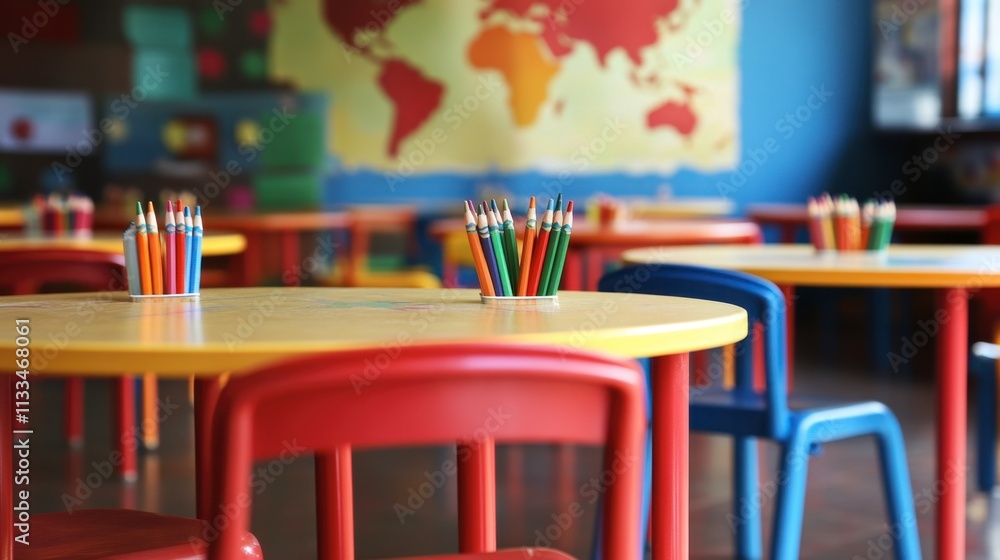 Poster colorful classroom with tables and colorful pencils in containers