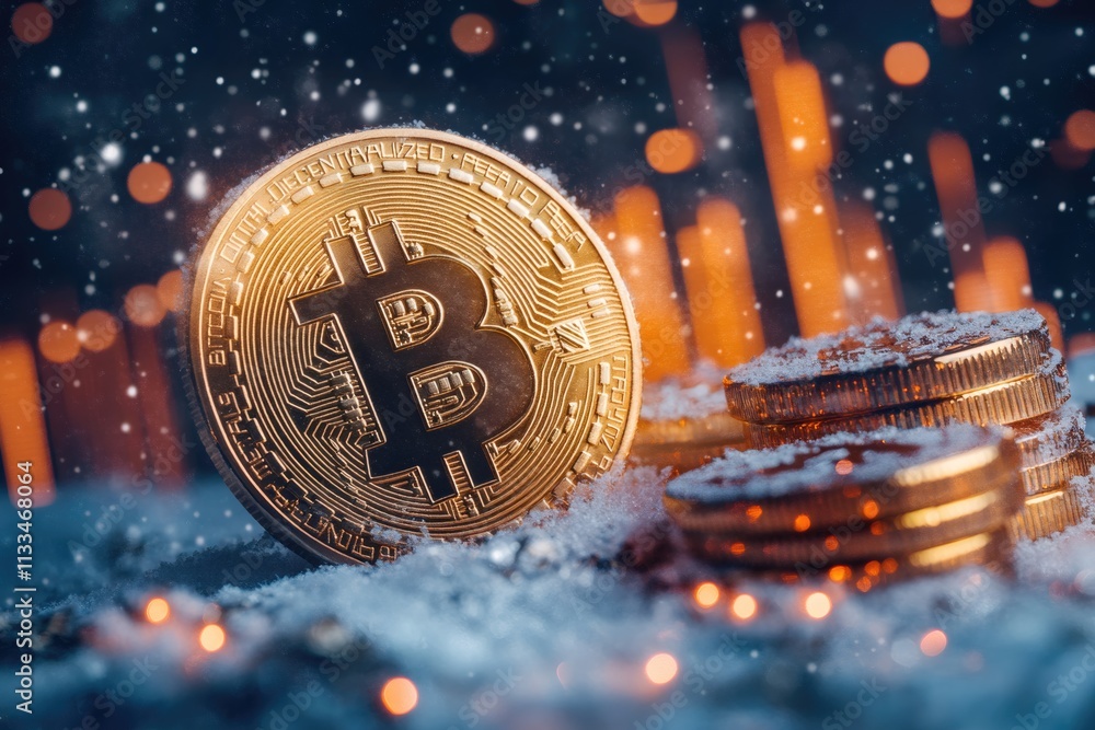 Poster gold bitcoin standing in snow with festive christmas lights and graph in background during crypto wi