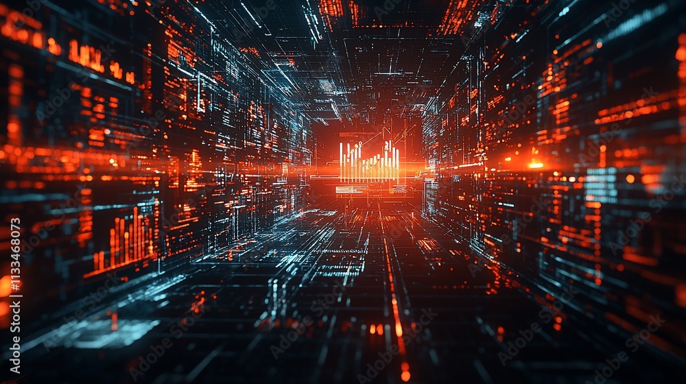 Poster Abstract digital tunnel with glowing data streams and charts.