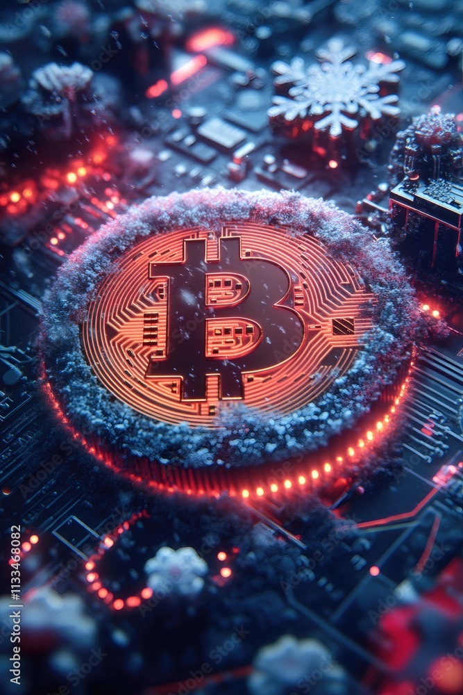Poster bitcoin cryptocurrency coin emerging from a frozen computer motherboard, covered in snowflakes, symb